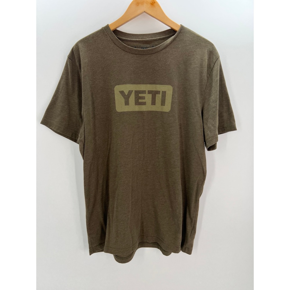 YETI Mens XL Short Sleeve Badge Logo T-Shirt Heather Olive Brown Green Tee